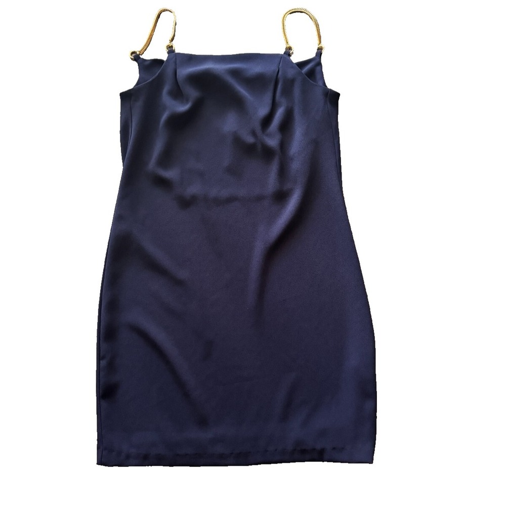 Trina Turk Cocktail Dress Blue Womens Size 0 gold metal straps chic dress